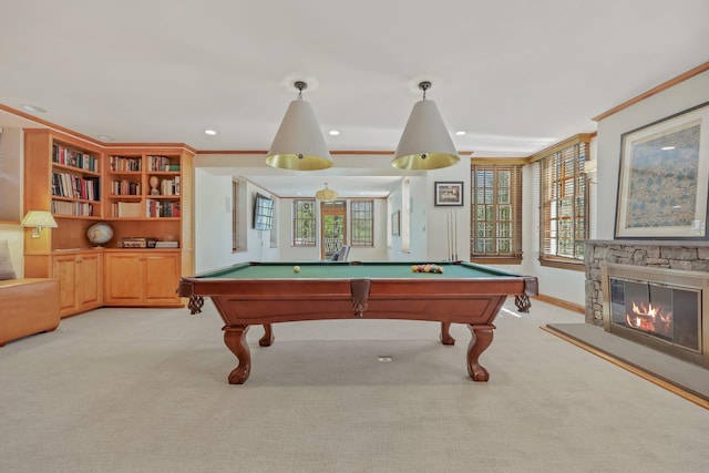 recreation room featuring light colored carpet, recessed lighting, crown molding, and pool table
