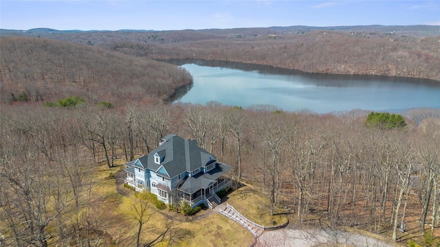 drone / aerial view with a water view and a wooded view