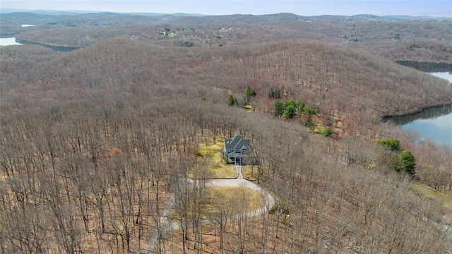 bird's eye view with a forest view and a water and mountain view