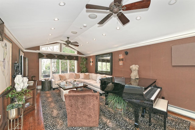 living area featuring recessed lighting, lofted ceiling, wood finished floors, a ceiling fan, and a baseboard radiator
