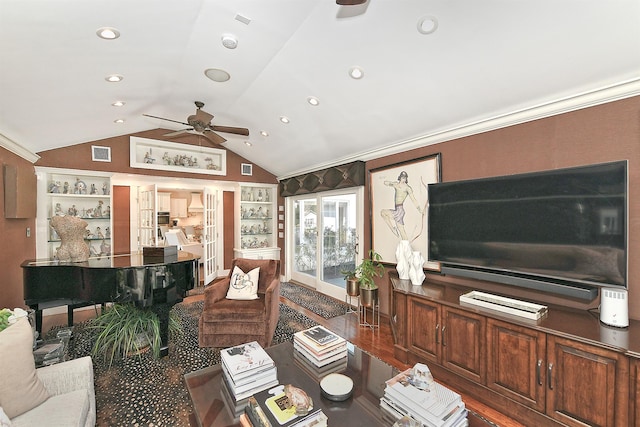 living area with ceiling fan, vaulted ceiling, visible vents, and recessed lighting
