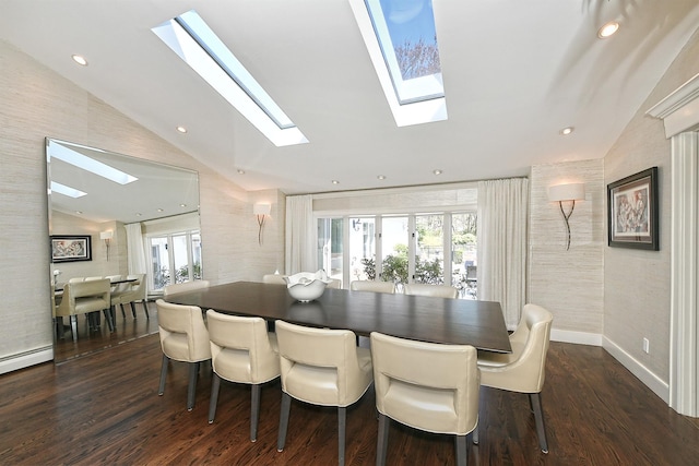dining area with recessed lighting, lofted ceiling with skylight, dark wood finished floors, and a healthy amount of sunlight
