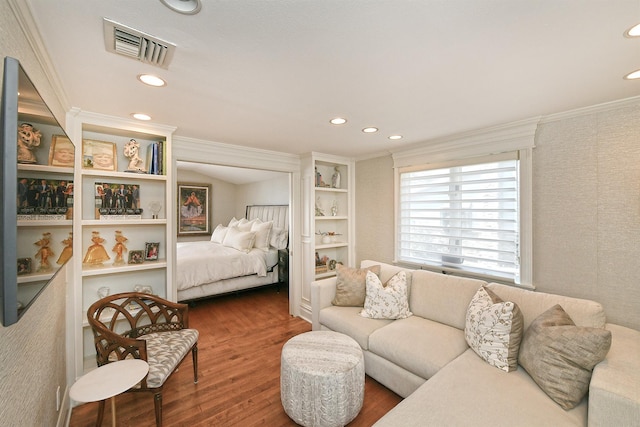 interior space with visible vents, recessed lighting, and ornamental molding