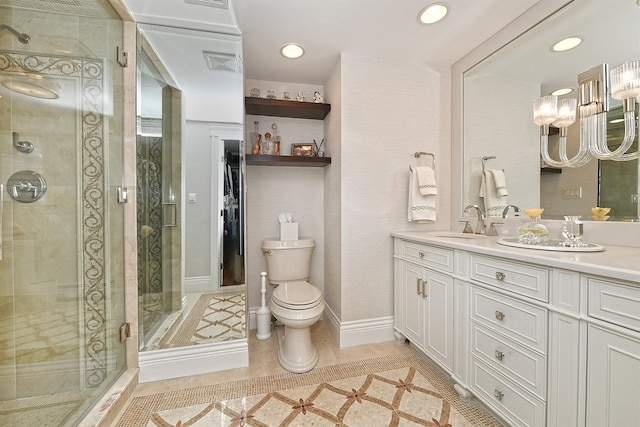 full bathroom with a shower stall, vanity, visible vents, and recessed lighting