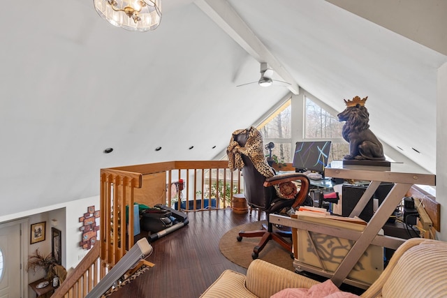 225 Toleman Rd, Washingtonville, NY 10992 - home office with wood-type flooring, vaulted ceiling with beams, and ceiling fan with notable chandelier