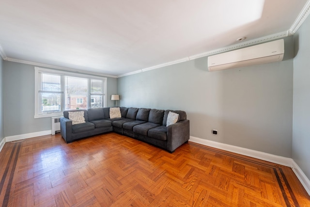 unfurnished living room with ornamental molding, an AC wall unit, baseboards, and radiator heating unit