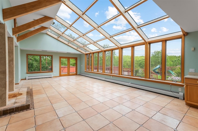 370 Forest Rd, Wallkill, NY 12589 - unfurnished sunroom featuring baseboard heating, a skylight, and vaulted ceiling