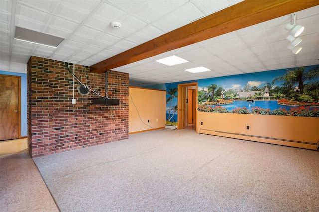 370 Forest Rd, Wallkill, NY 12589 - carpeted empty room with baseboard heating, brick wall, a smoke detector, and a baseboard radiator