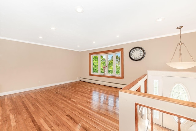 interior space with crown molding, recessed lighting, a baseboard radiator, and light wood finished floors
