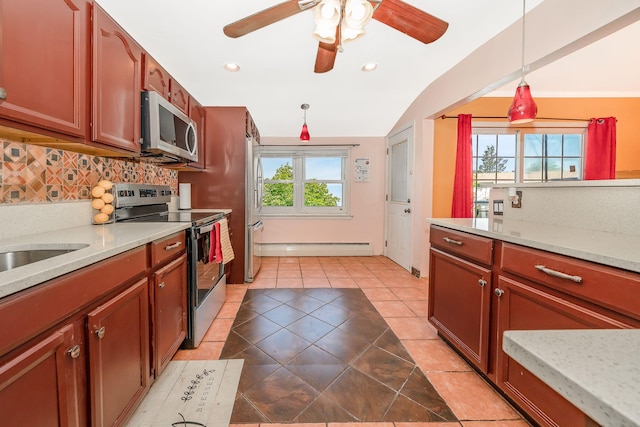 kitchen featuring ceiling fan, appliances with stainless steel finishes, backsplash, vaulted ceiling, and decorative light fixtures