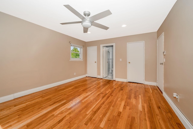 unfurnished bedroom with recessed lighting, baseboards, ceiling fan, and light wood-style floors