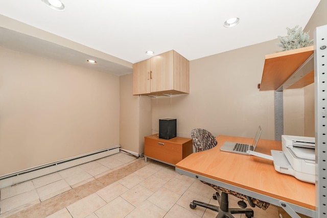 office area featuring baseboard heating, recessed lighting, and light tile patterned flooring