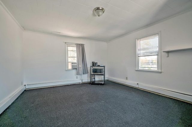 unfurnished room featuring dark carpet, crown molding, and a baseboard radiator