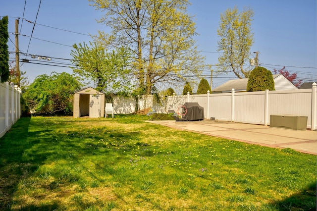 view of yard with an outbuilding, a patio, a storage unit, and a fenced backyard