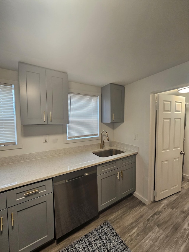 648 Lybolt Rd, Middletown, NY 10941 - kitchen featuring dishwasher, gray cabinetry, a sink, and dark wood-type flooring