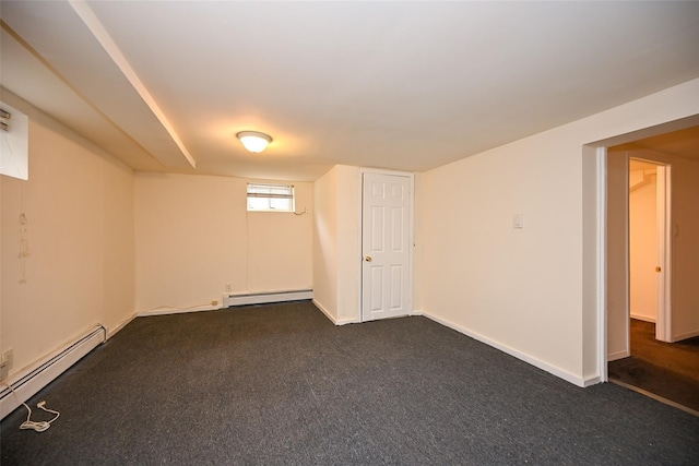 174-20 Jewel Ave, Fresh Meadows, NY 11365 - basement with dark carpet, baseboards, and baseboard heating