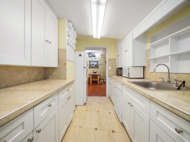 236 Lakeview Drive Rd, Eldred, NY 12743 - kitchen featuring open shelves, a sink, light countertops, white cabinets, and white appliances
