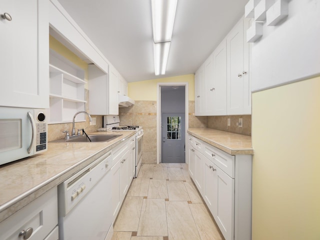 236 Lakeview Drive Rd, Eldred, NY 12743 - kitchen featuring white cabinets, open shelves, a sink, white appliances, and under cabinet range hood
