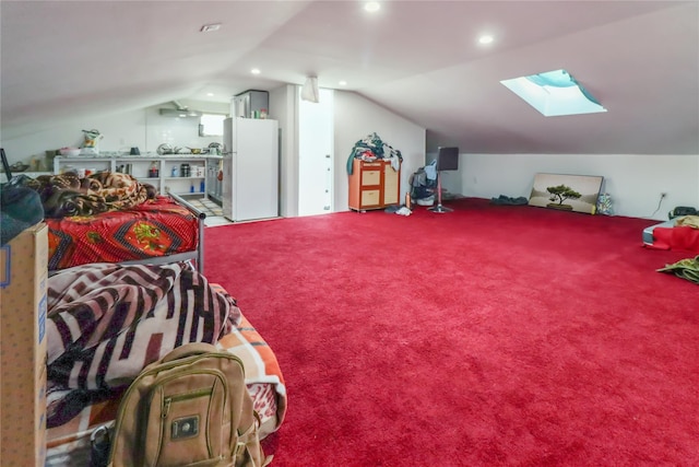 bonus room with carpet floors, recessed lighting, and lofted ceiling with skylight