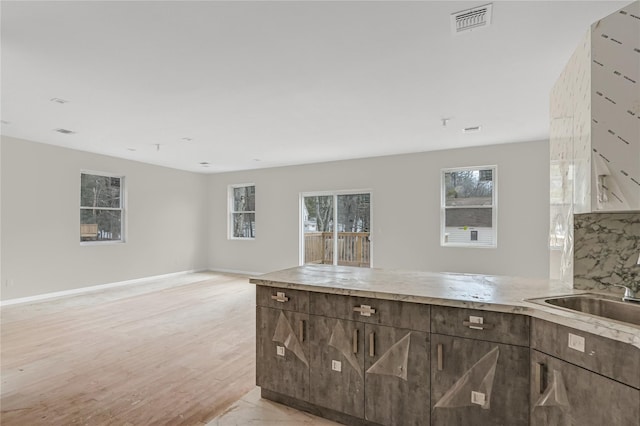 kitchen with dark brown cabinets, a wealth of natural light, open floor plan, and a sink