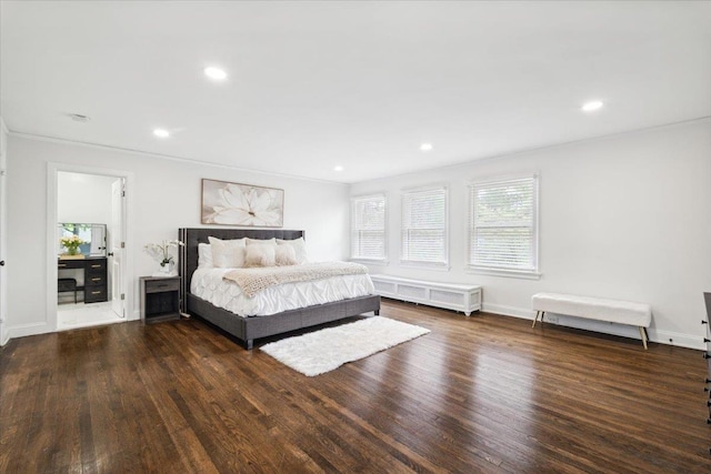 bedroom featuring radiator heating unit, wood finished floors, recessed lighting, baseboards, and crown molding