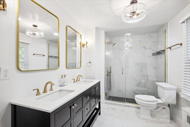 full bath featuring marble finish flooring, a marble finish shower, toilet, double vanity, and radiator heating unit