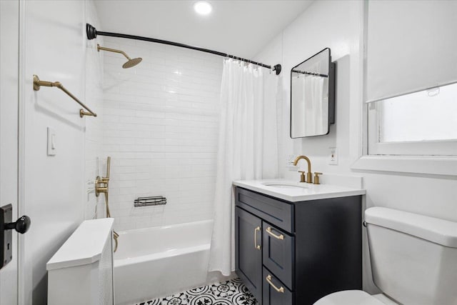 full bathroom with toilet, vanity, shower / tub combo, and tile patterned flooring