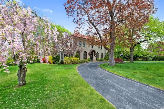 mediterranean / spanish-style house with curved driveway and a front yard