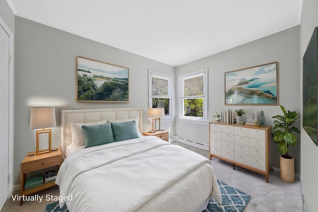 53 Abinet Ct, Selden, NY 11784 - bedroom with carpet floors, a baseboard heating unit, ornamental molding, and baseboards