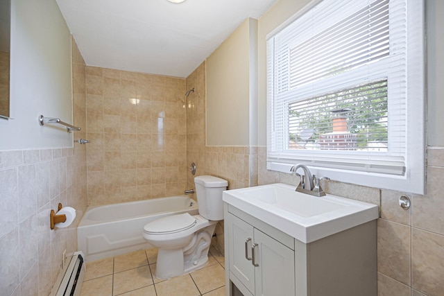 53 Abinet Ct, Selden, NY 11784 - full bath featuring tile walls, baseboard heating, tile patterned flooring, toilet, and shower / washtub combination