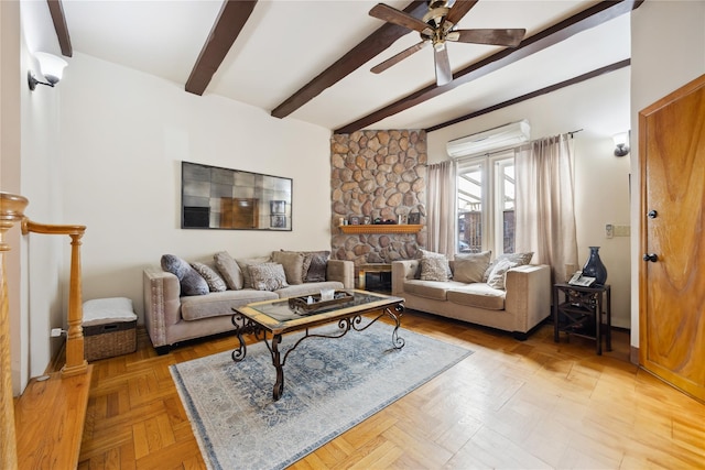 21-25 146th St, Whitestone, NY 11357 - living room with beamed ceiling, a fireplace, and a ceiling fan