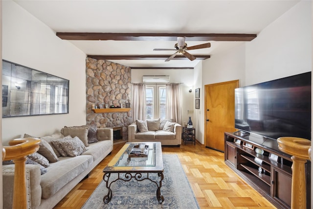 21-25 146th St, Whitestone, NY 11357 - living room featuring beamed ceiling and ceiling fan