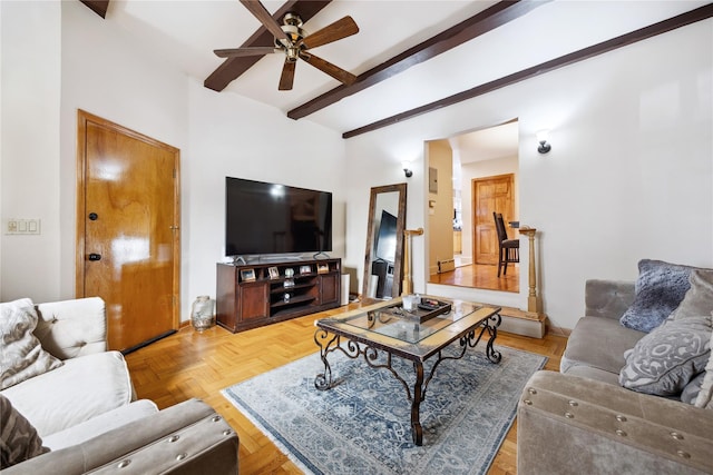 21-25 146th St, Whitestone, NY 11357 - living area with ceiling fan and lofted ceiling with beams