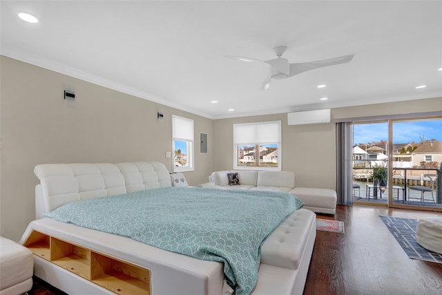 505 E Dr, Copiague, NY 11726 - bedroom featuring access to outside, dark wood-type flooring, recessed lighting, ornamental molding, and a wall mounted AC