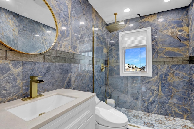 505 E Dr, Copiague, NY 11726 - full bathroom with a marble finish shower, tile walls, vanity, and toilet