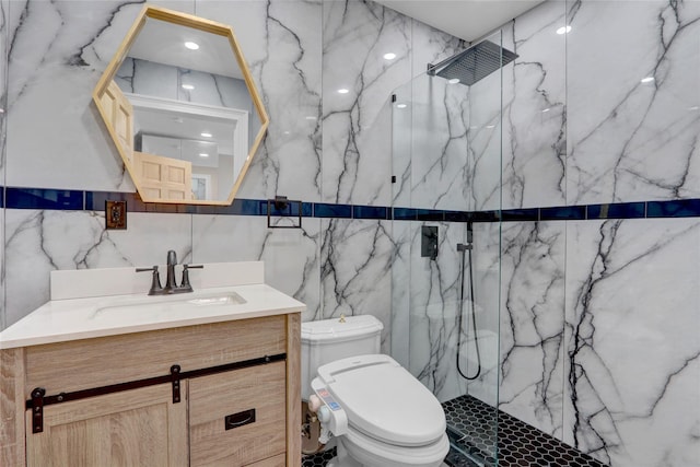505 E Dr, Copiague, NY 11726 - full bathroom featuring tile walls, a marble finish shower, vanity, and toilet