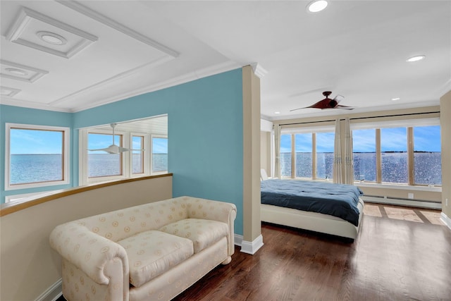 505 E Dr, Copiague, NY 11726 - bedroom with a baseboard radiator, a water view, baseboards, wood finished floors, and recessed lighting