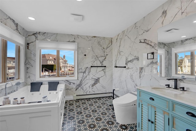 505 E Dr, Copiague, NY 11726 - full bathroom with toilet, a baseboard heating unit, vanity, a tub with jets, and recessed lighting