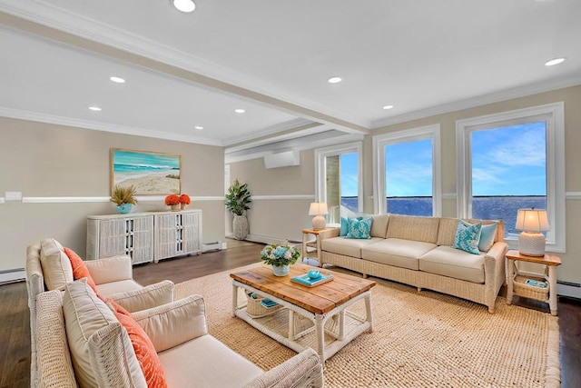 505 E Dr, Copiague, NY 11726 - living room with ornamental molding, wood finished floors, recessed lighting, a wall mounted air conditioner, and a baseboard radiator