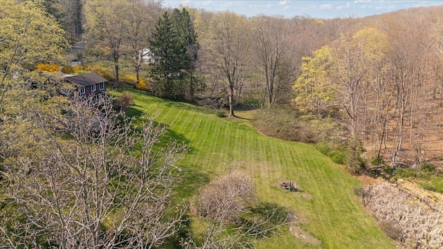 bird's eye view featuring a wooded view
