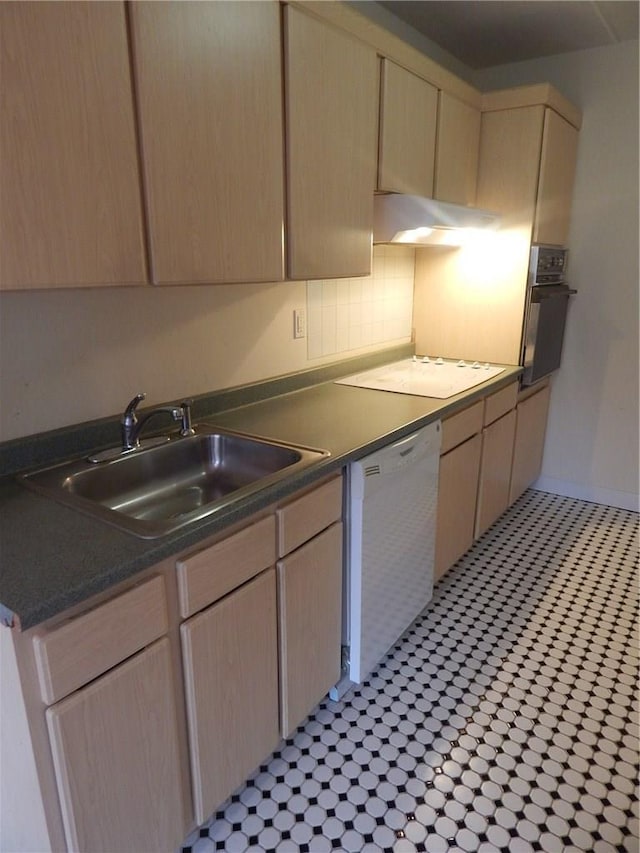 412 Benedict Ave Unit 5J, Tarrytown, NY 10591 - kitchen with white appliances, light brown cabinetry, ventilation hood, and dark countertops