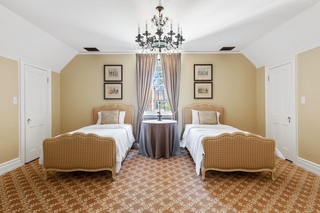 31 Fort Hill Dr, Lloyd Harbor, NY 11743 - bedroom with baseboards, carpet flooring, a notable chandelier, and lofted ceiling