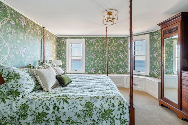 31 Fort Hill Dr, Lloyd Harbor, NY 11743 - bedroom with wallpapered walls, carpet flooring, a decorative wall, and a wainscoted wall