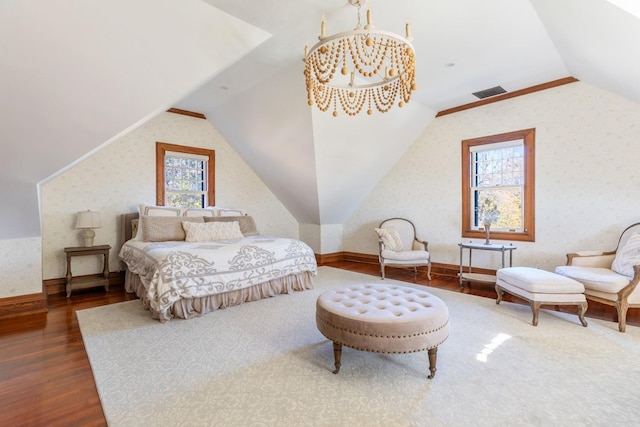 31 Fort Hill Dr, Lloyd Harbor, NY 11743 - bedroom featuring wood finished floors, visible vents, baseboards, and vaulted ceiling