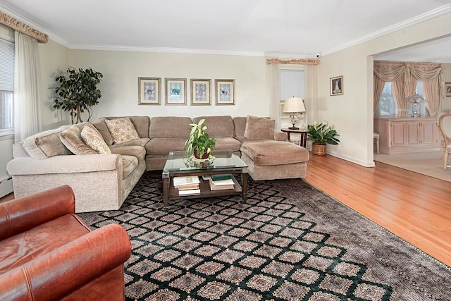 living area with wood finished floors, crown molding, baseboards, and baseboard heating