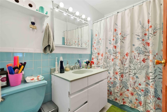 3145 37th St, Astoria, NY 11103 - full bath featuring a shower with shower curtain, vanity, tile walls, and toilet