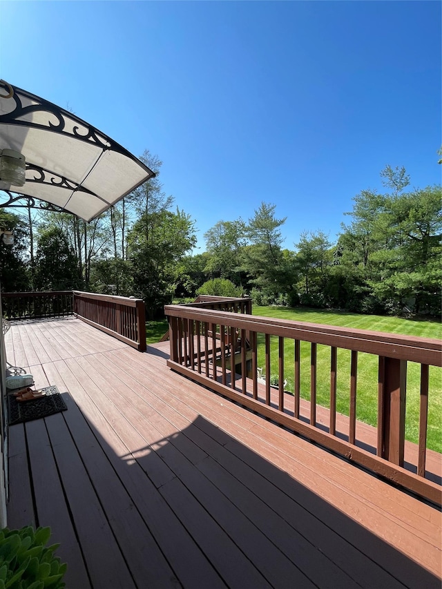 69 Fulton Blvd, Commack, NY 11725 - wooden deck featuring a lawn and view of wooded area
