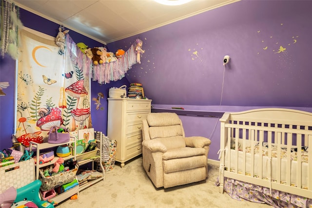 carpeted bedroom featuring ornamental molding
