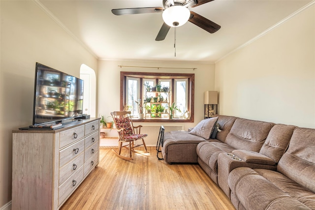 living area featuring light wood-style flooring, ceiling fan, and ornamental molding