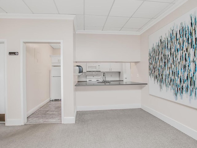 25 Rockledge Ave Unit 117, White Plains, NY 10601 - kitchen featuring baseboards, ornamental molding, white appliances, carpet, and white cabinetry